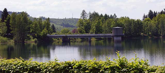 Blick auf Staumauer und Wasserentnahmeturm der Breitenbachtalsperre