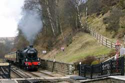 The Moors Explorer bei der Einfahrtt im Bahnhof Goathland